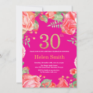 Red Floral 30. Geburtstag Gold Glitzer und Hot Pin Einladung