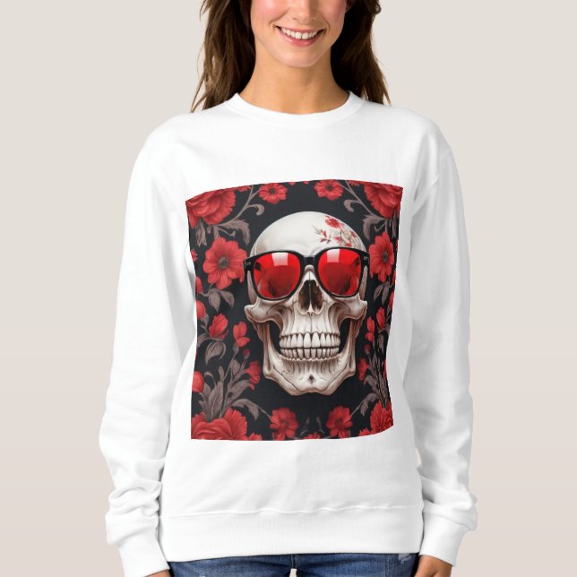 Red Floral 3D Dead Skull mit Sonnenbrille Sweatshirt (Vorderseite)