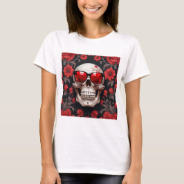 Red Floral 3D Dead Skull mit Sonnenbrille T-Shirt