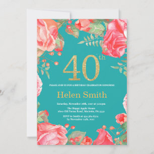Red Floral 40. Geburtstag Gold Glitzer und Aquamar Einladung