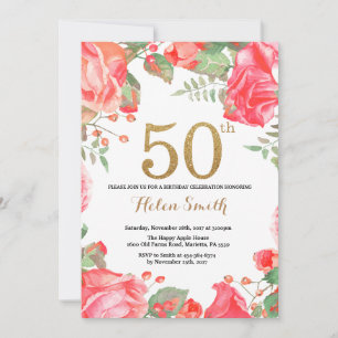Red Floral 50. Geburtstag Einladung Gold Glitzer