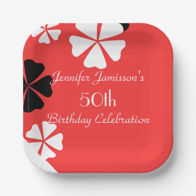 Red Floral 50. Geburtstagsparty Simple Square Pappteller (Vorderseite)