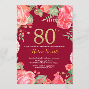 Red Floral 80. Geburtstag Gold Glitzer Burgundy Re Einladung