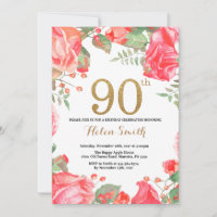 Red Floral 90. Geburtstag Einladung Gold Glitzer