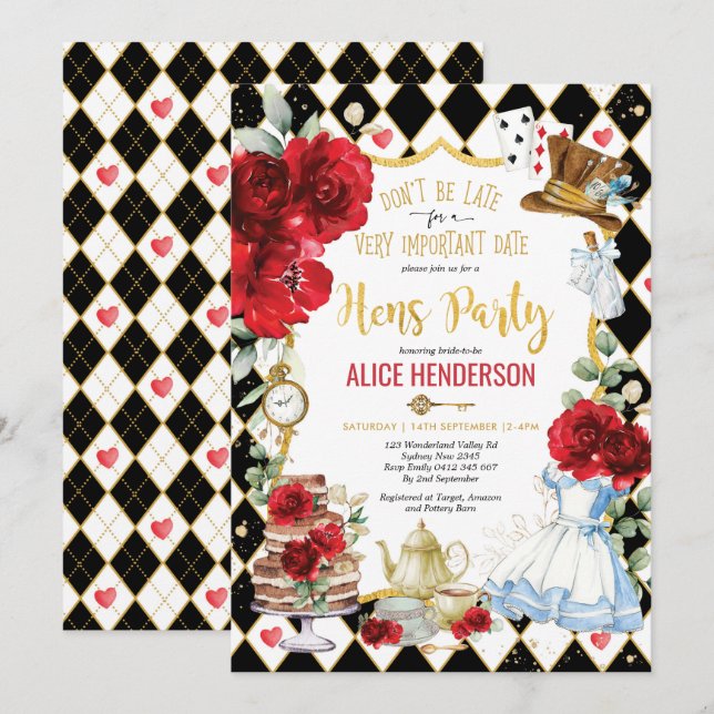 Red Floral Alice im Wunderland Hens Tee Party Einladung (Vorne/Hinten)