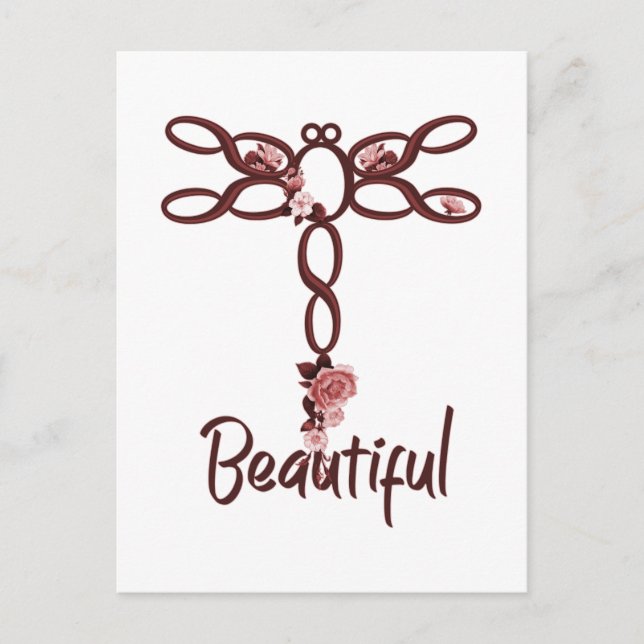 Red Floral "Beautiful Dragonfly Design Postkarte (Vorderseite)