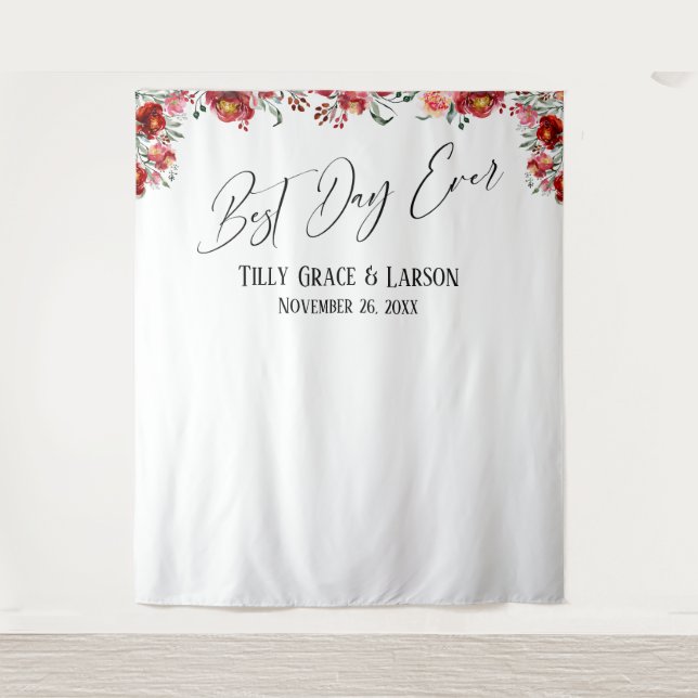 Red Floral Best Day Ever Foto Hintergrund Wandteppich (Vorderseite)