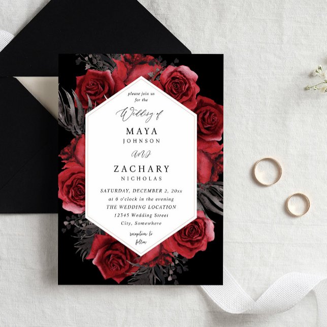 Red Floral & Black Wedding - Black Einladung (Von Creator hochgeladen)