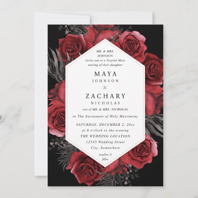 Red Floral & Black Wedding - Black V3 Einladung (Vorderseite)