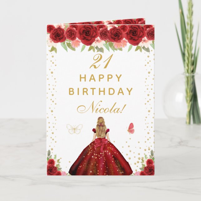 Red Floral Blonde Hair Girl Birthday Karte (Vorderseite)