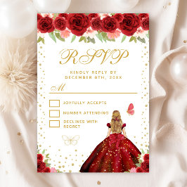 Red Floral Blonde Hair Princess 16 . Geburtstag RSVP Karte