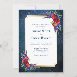 Red Floral Blue Wedding Einladung