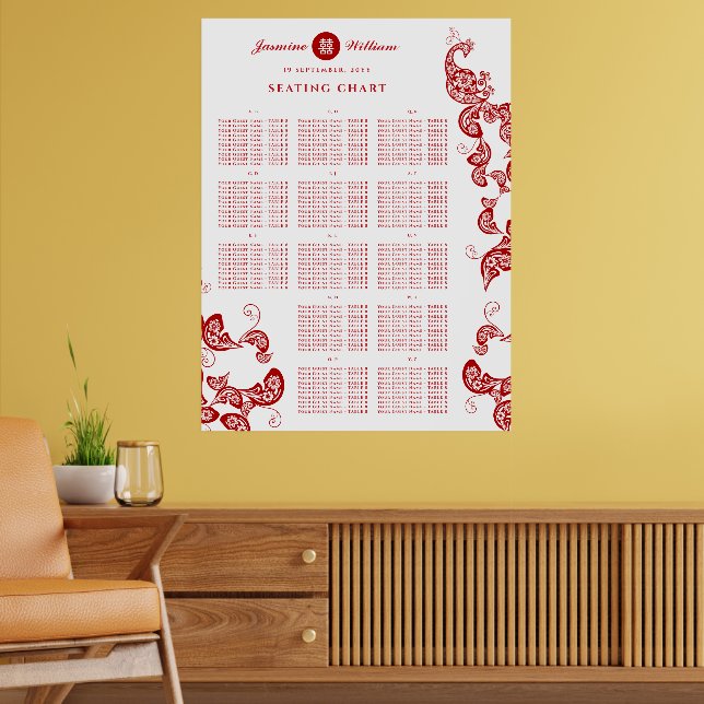 Red Floral Boho Chic Peacock Hochzeitstabelle Poster (Wohnzimmer 2)