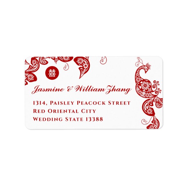 Red Floral Boho Peacock Asian Chic Wedding Address Adressaufkleber (Vorne)