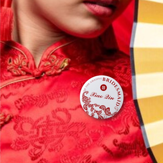 Red Floral Boho Peacock Asian Wedding Bridesmaid Button (BRIDESMAID Red Floral Boho Peacock Double Happiness Chinese Wedding Pin Button @ fatfatin_red_knot)