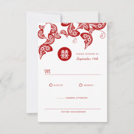 Red Floral Boho Peacock Chinesische Hochzeit RSVP Karte
