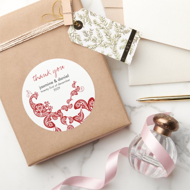 Red Floral Boho Peacock Eastern Chic Asiatische Ho Runder Aufkleber (Schenken)