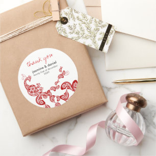 Red Floral Boho Peacock Eastern Chic Asiatische Ho Runder Aufkleber