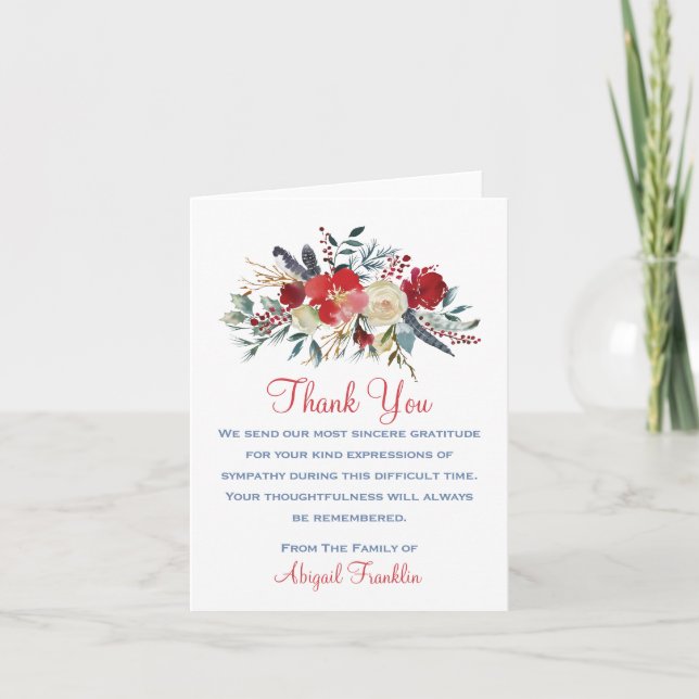 Red Floral Bouquet Sympathy Folded Thank You Card Dankeskarte (Vorderseite)