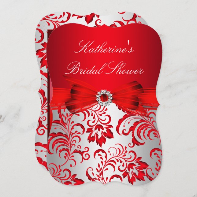 Red Floral & Bow Brautparty Silver Einladung (Vorne/Hinten)