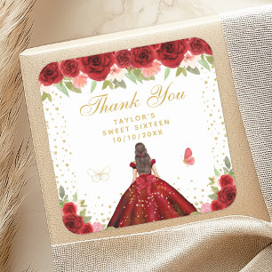 Red Floral Brünett Hair Princess 16 . Geburtstag Quadratischer Aufkleber