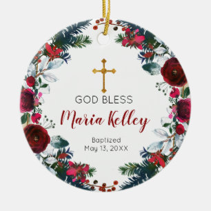 Red Floral Burgund Personalisiert Girl Taufe Keramik Ornament