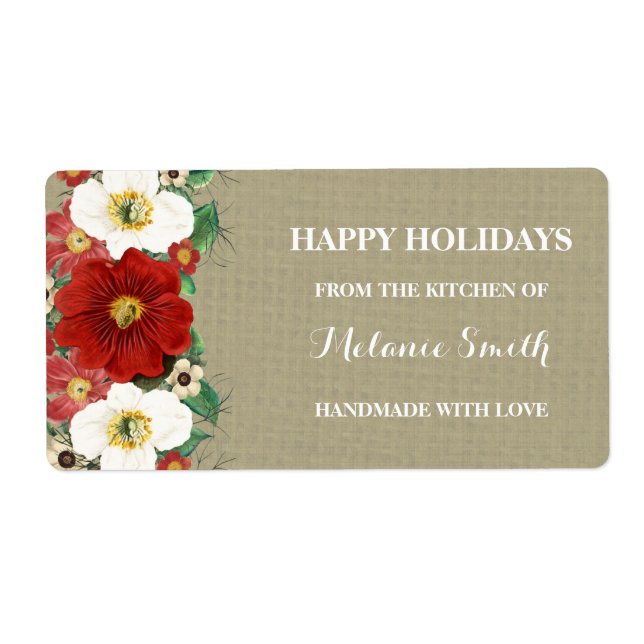 Red Floral Burlap Weihnachtsbäckerchen Labels (Vorne)