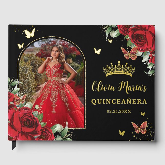 Red Floral Butterfells Black Quinceañera Foto Gästebuch (Vorderseite)