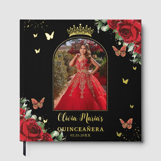 Red Floral Butterfells Black Quinceañera Picture Gästebuch (Vorderseite)