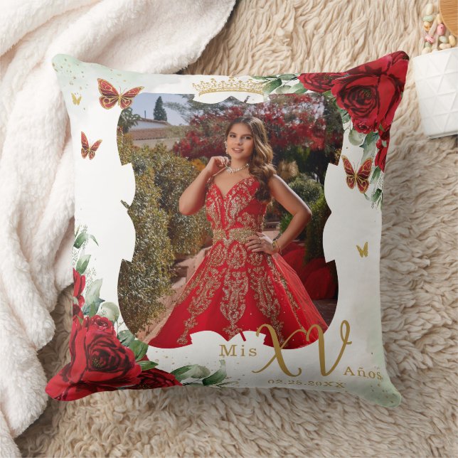 Red Floral Butterfells Picture Quinceañera Memento Kissen (Decke)
