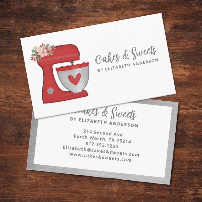 Red Floral Cake Mixer Bakery Business Card Visitenkarte (A cute red floral mixer business card. Personalize it with your name and business info.)
