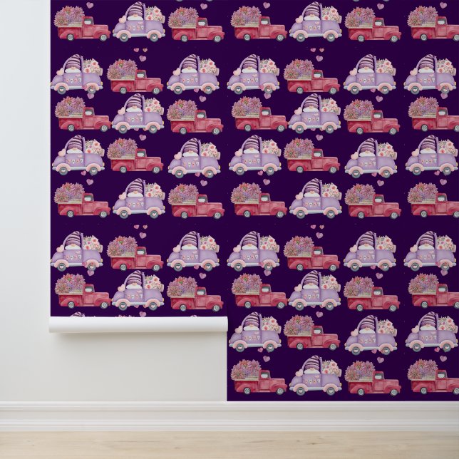 Red Floral Car Gnome Romantic Textured Vinyl Tapete (Anwendung)