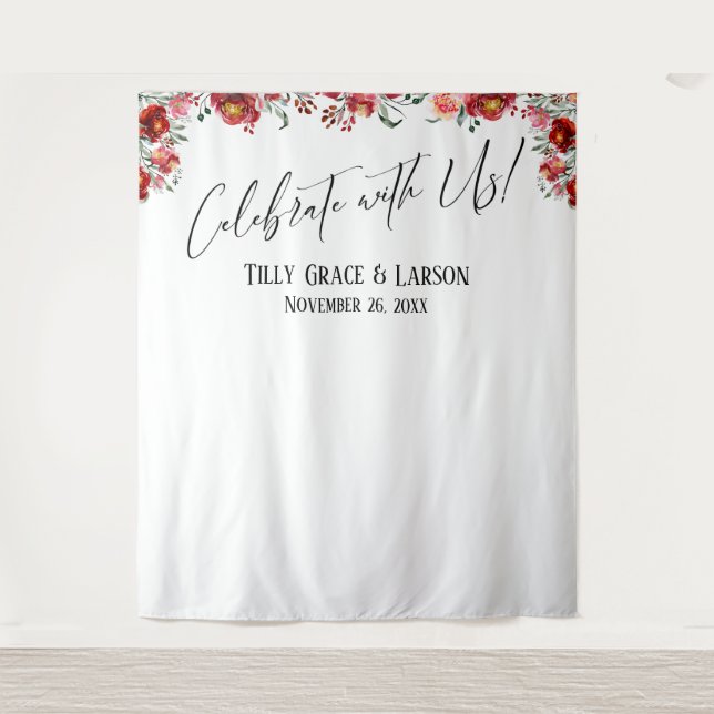 Red Floral Celebrate mit uns! Hintergrund für Foto Wandteppich (Vorderseite)