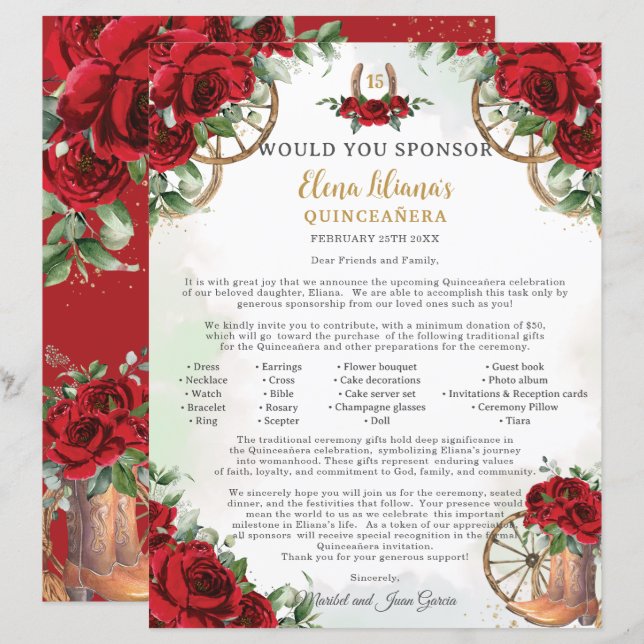 Red Floral Charro Boots Quinceañera Sponsor Letter (Vorne/Hinten)