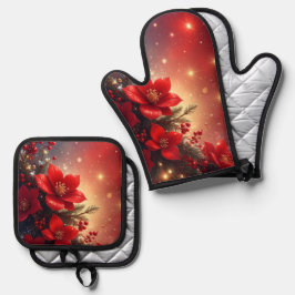Red Floral Christmas Ofenhandschuh & Topflappen-Set