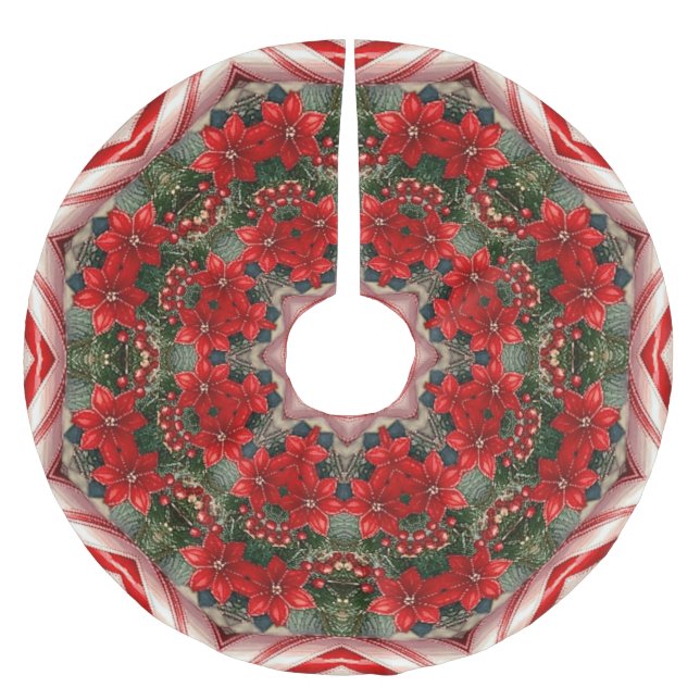 Red Floral Christmas Tree Skirt Polyester Weihnachtsbaumdecke (Vorderseite)