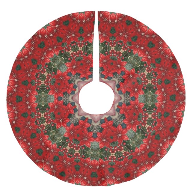 Red Floral Christmas Tree Skirt Polyester Weihnachtsbaumdecke (Vorderseite)