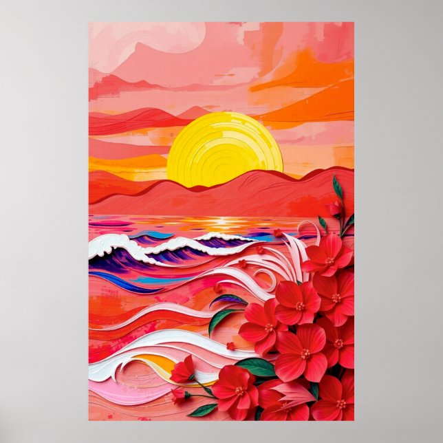 Red Floral Coast Quilling Art with Sunrise Waves & Poster (Vorne)