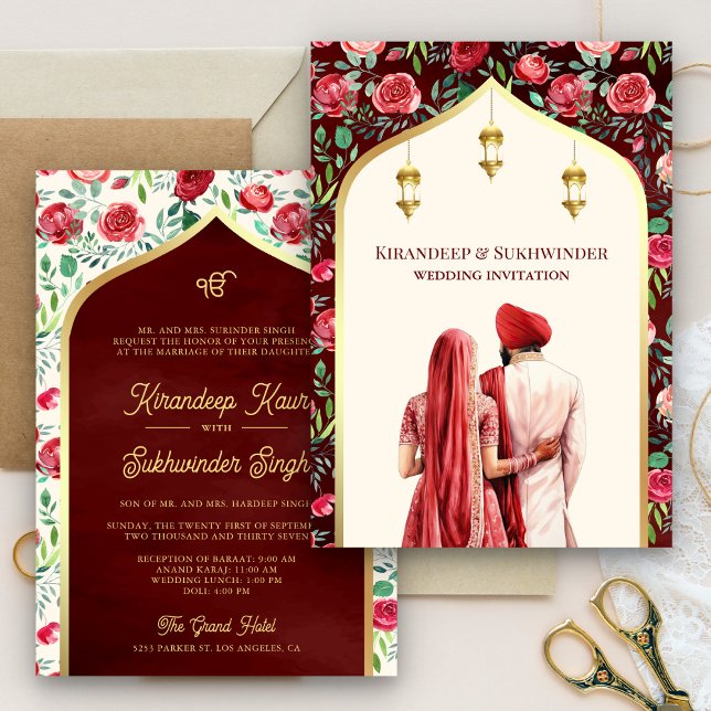 Red Floral Cream Gold Anand Karaj Sikh Wedding Einladung (Von Creator hochgeladen)