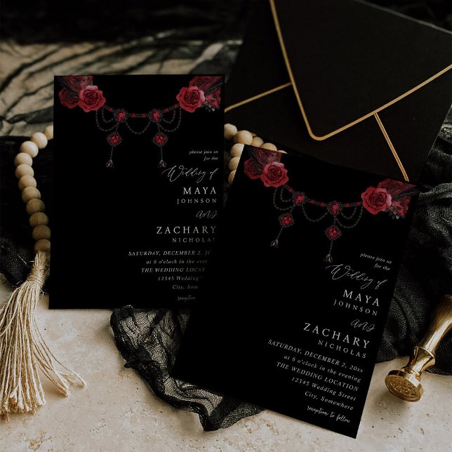 Red Floral & Crystal Wedding - Black Einladung (Von Creator hochgeladen)
