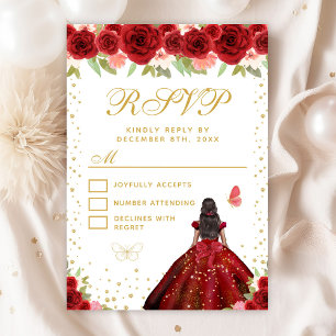 Red Floral Dark Skin Princess 16 . Geburtstag RSVP Karte