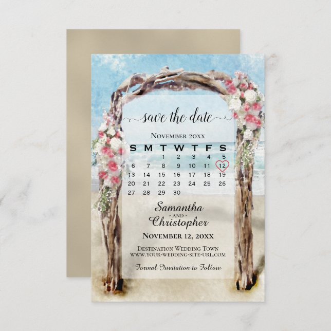 Red Floral Driftwood Beach Arbor Calendar Wedding Save The Date (Vorne/Hinten)