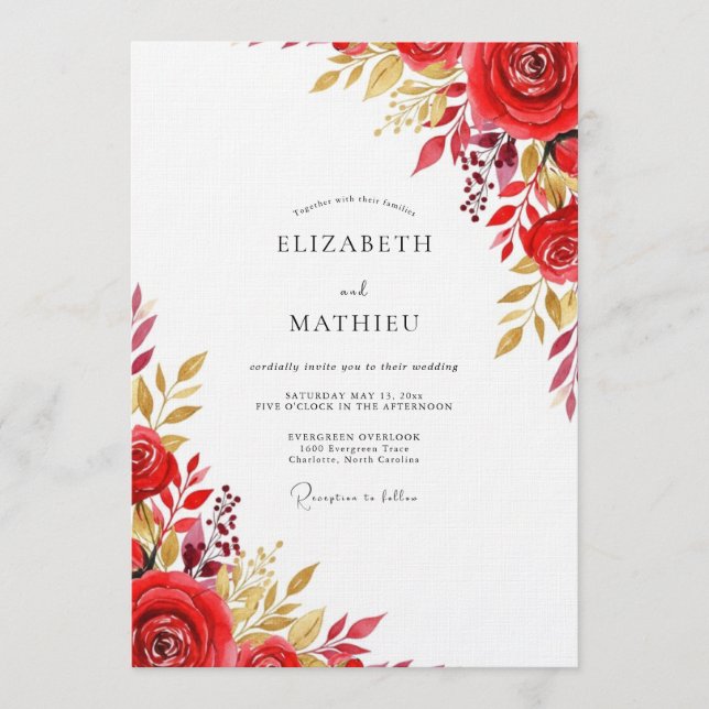 Red Floral Flourish Wedding Einladung (Vorderseite)