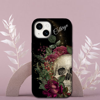 Red Floral Glitzern Skull Personalisiert iPhone 14 Hülle
