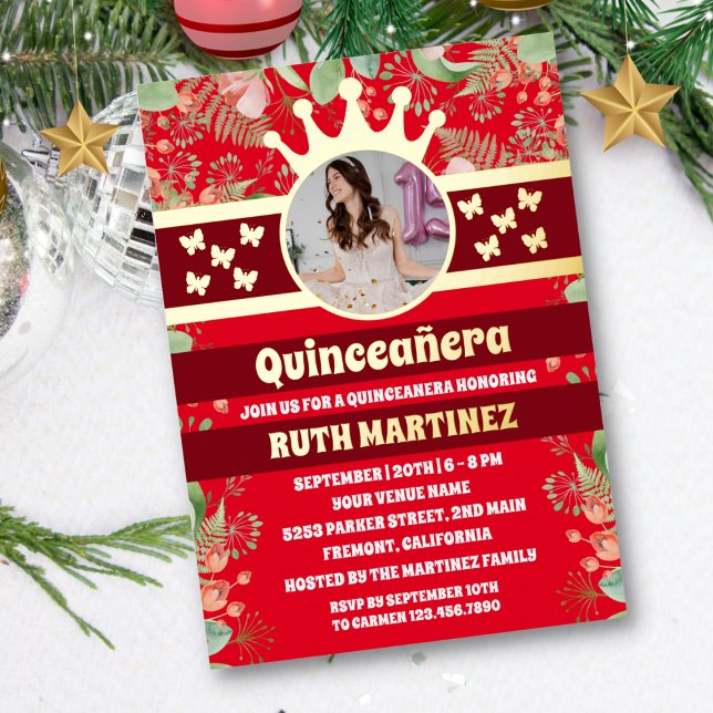 Red Floral Gold Butterfly Quinceanera Party Foto Folieneinladung (Von Creator hochgeladen)
