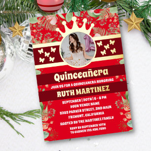 Red Floral Gold Butterfly Quinceanera Party Foto Folieneinladung