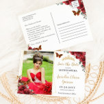 Red Floral Gold Geometric Quinceñera Fotografie Ankündigungspostkarte<br><div class="desc">c) Das glückliche Cat Studio</div>