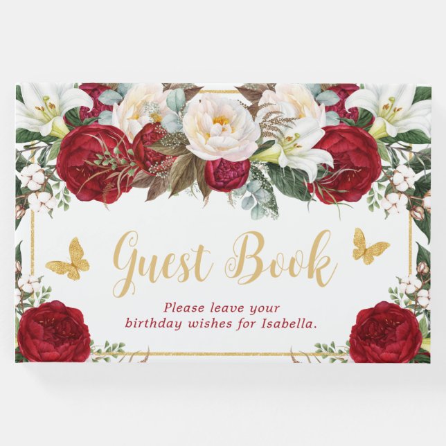 Red Floral Gold Schmetterlinge Foto Quinceañera Gästebuch (Vorderseite)