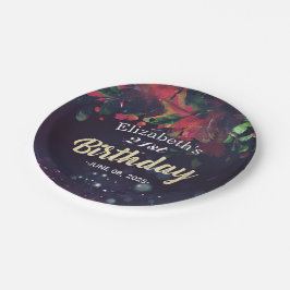 Red Floral Gold Script Lila Pappteller