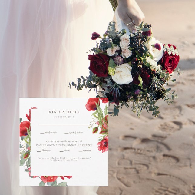 Red Floral Gold Text Wedding Rsvp Flat Card (Von Creator hochgeladen)